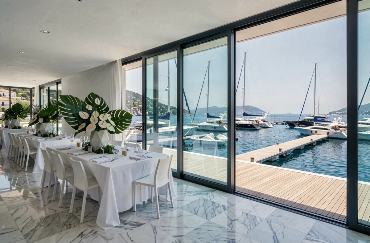 Le Riviera sur la Côte d'Azur, salle de réception de mariage contemporaine avec vue sur la marina et les voiliers depuis une façade entièrement vitrée