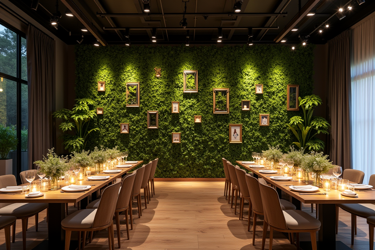 Espace mariage moderne avec mur de verdure et bougies flottantes