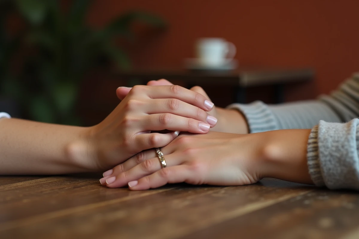 Mains entrelacées portant une alliance dorée sur une table en bois dans un café, symbole de rumeurs de fiançailles