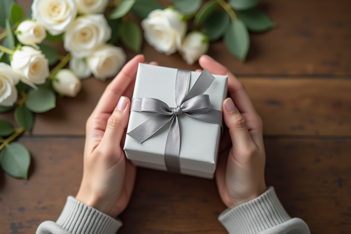 Mains tenant une boîte cadeau anniversaire argentée avec fleurs