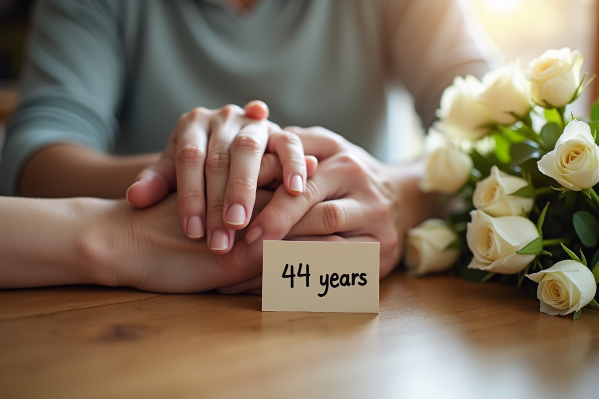 Mains entrelacees de seniors sur une table avec roses et carte