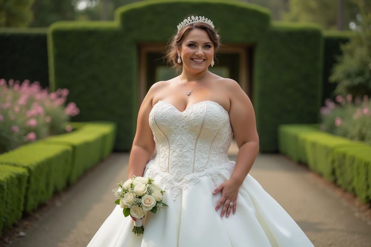 Jeune femme en robe de mariage dans un jardin fleuri