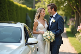 Jeune couple de mariés décorant une voiture blanche élégante
