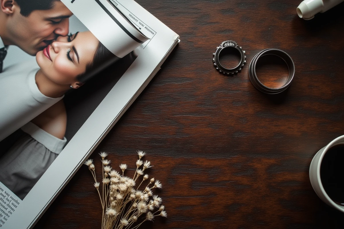 Composition symbolique d'une alliance et d'un magazine people évoquant les mariages successifs de Kim Kardashian