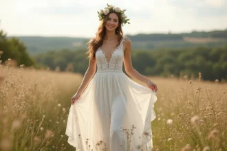 Femme souriante en robe de mariage champêtre avec couronne de fleurs