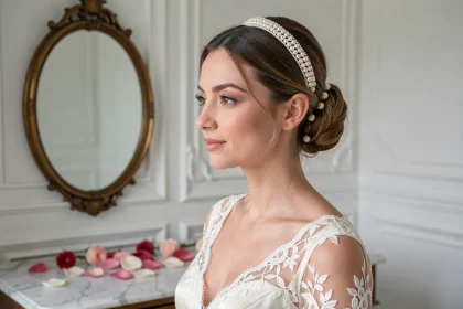 Mariée avec chignon bas et bandeau de tête ovale en perles, robe en dentelle ivoire, dans une salle de préparation aux moulures blanches