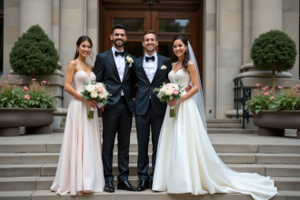 Deux couples en mariage dans un décor urbain multiculturel