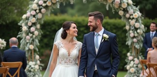Mariage joyeux sous un arc floral en extérieur