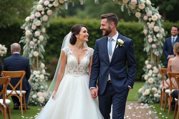 Mariage joyeux sous un arc floral en extérieur