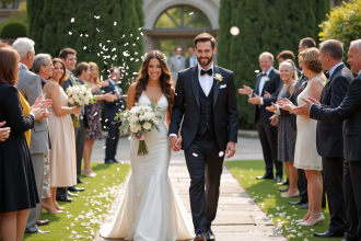 Jeune couple de mariés souriants en extérieur lors d'un mariage
