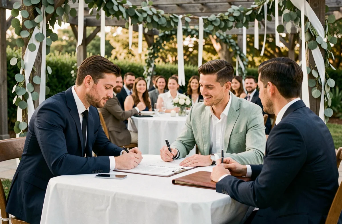 Deux mariés signant un document lors d'une cérémonie laïque sous une pergola décorée d'eucalyptus