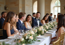 Groupe d'adultes lors d'une reception de mariage