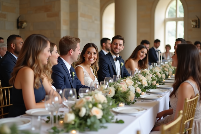 Groupe d'adultes lors d'une reception de mariage