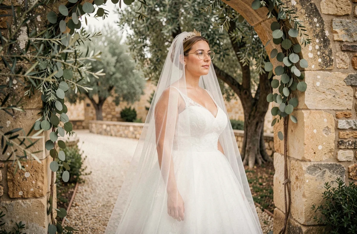 Mariée portant des lunettes fines dorées avec voile cathédrale fixé par un peigne, robe en tulle sous une arche en pierre en Provence