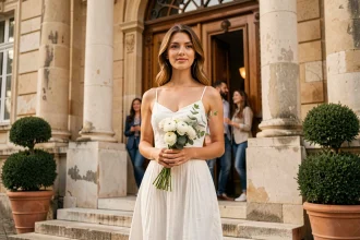 Mariée en robe blanche courte en lin devant la mairie pour un mariage civil en petit comité
