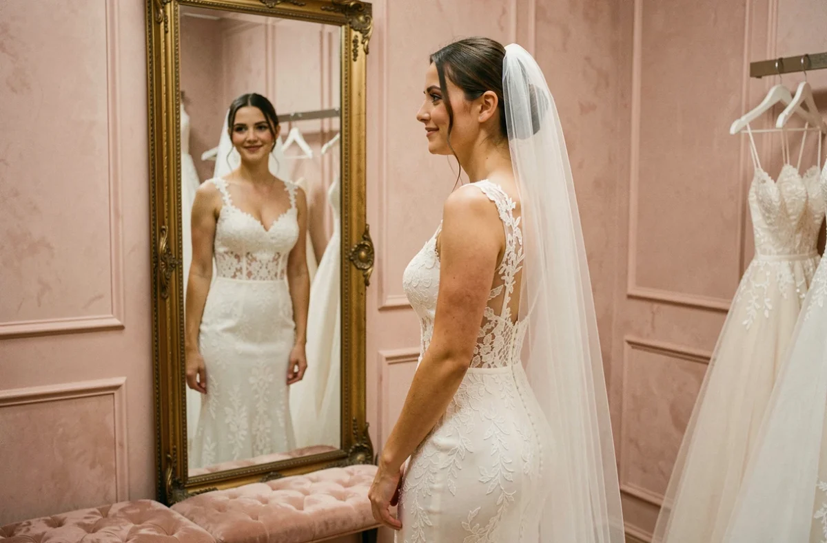 Mariée en robe de dentelle admirant son reflet dans le miroir d'une boutique de mariage à Montpellier