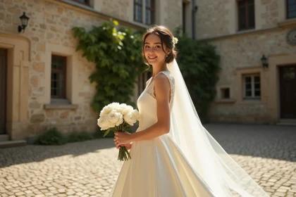 Jeune mariée en robe de mariée ivoire souriante dans la cour d'un château français en pierre, tenant un bouquet de pivoines blanches