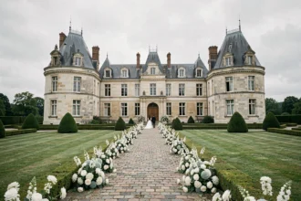 Vue panoramique d'un domaine de mariage élégant en Indre-et-Loire avec jardins soignés et architecture en pierre