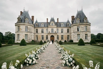 Vue panoramique d'un domaine de mariage élégant en Indre-et-Loire avec jardins soignés et architecture en pierre