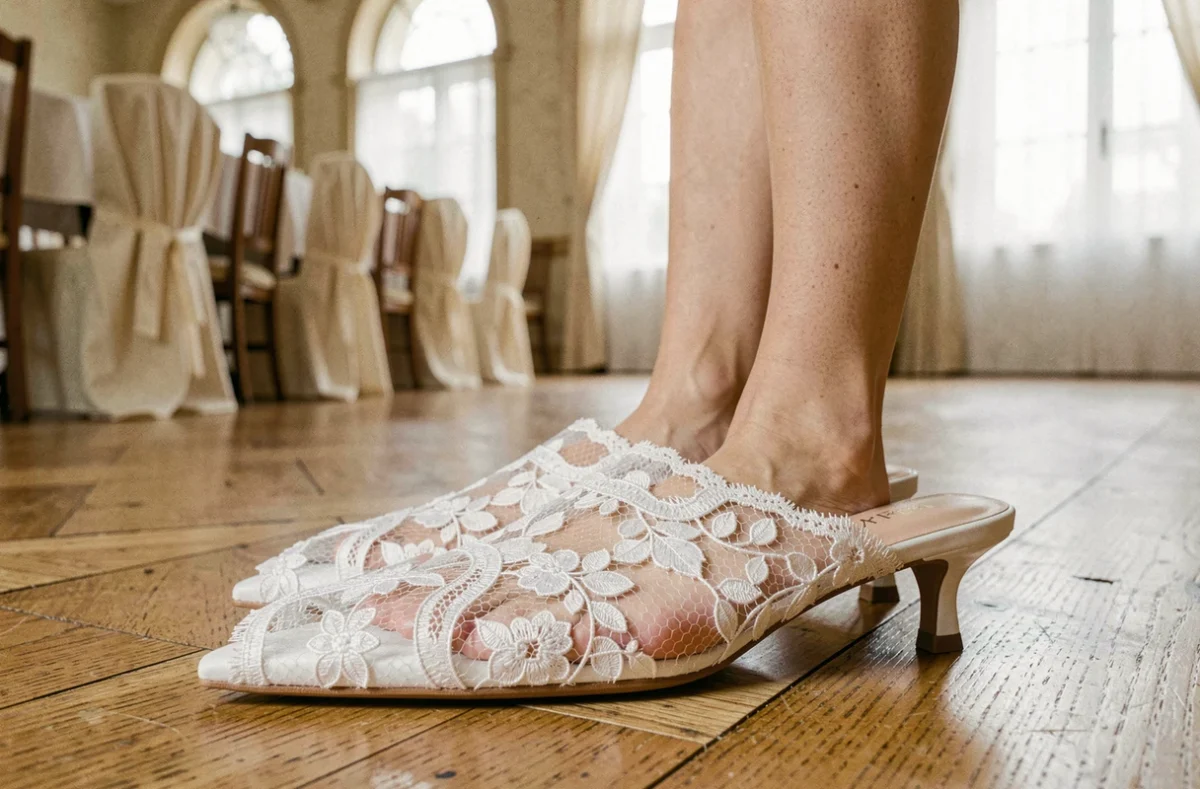 Mules à talon chaton en dentelle blanche pour invitée de mariage posées sur parquet en chêne dans un château