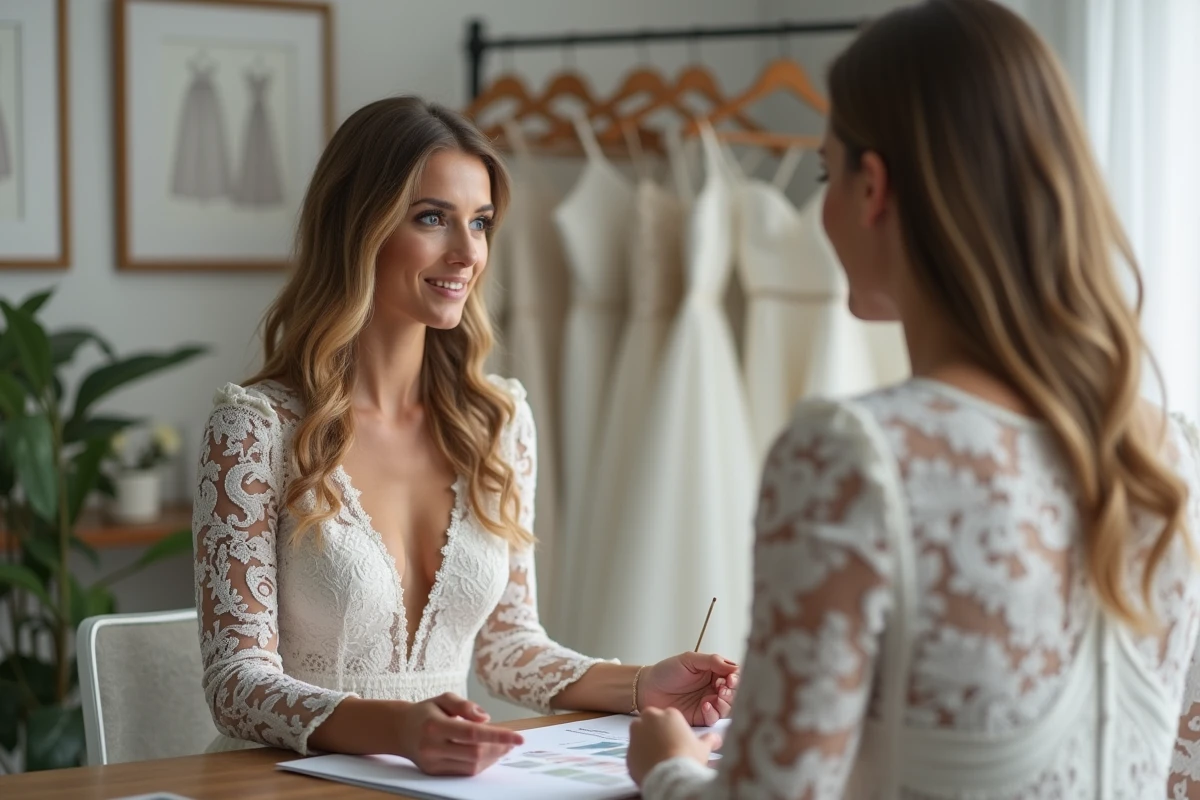 Mariée en robe en dentelle négociant le prix de sa robe de mariage avec une consultante dans une boutique nuptiale