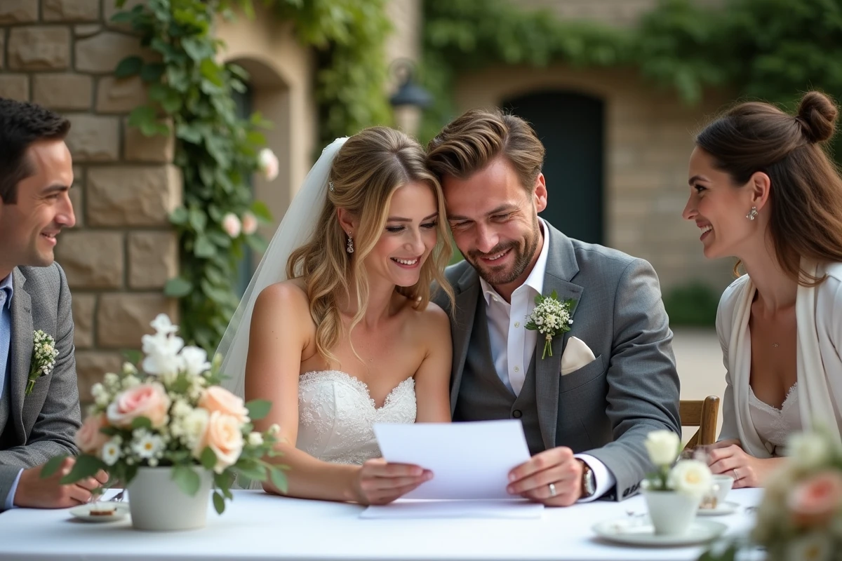 Mariés et témoins consultant les documents officiels du mariage attablés dans un jardin de réception en France
