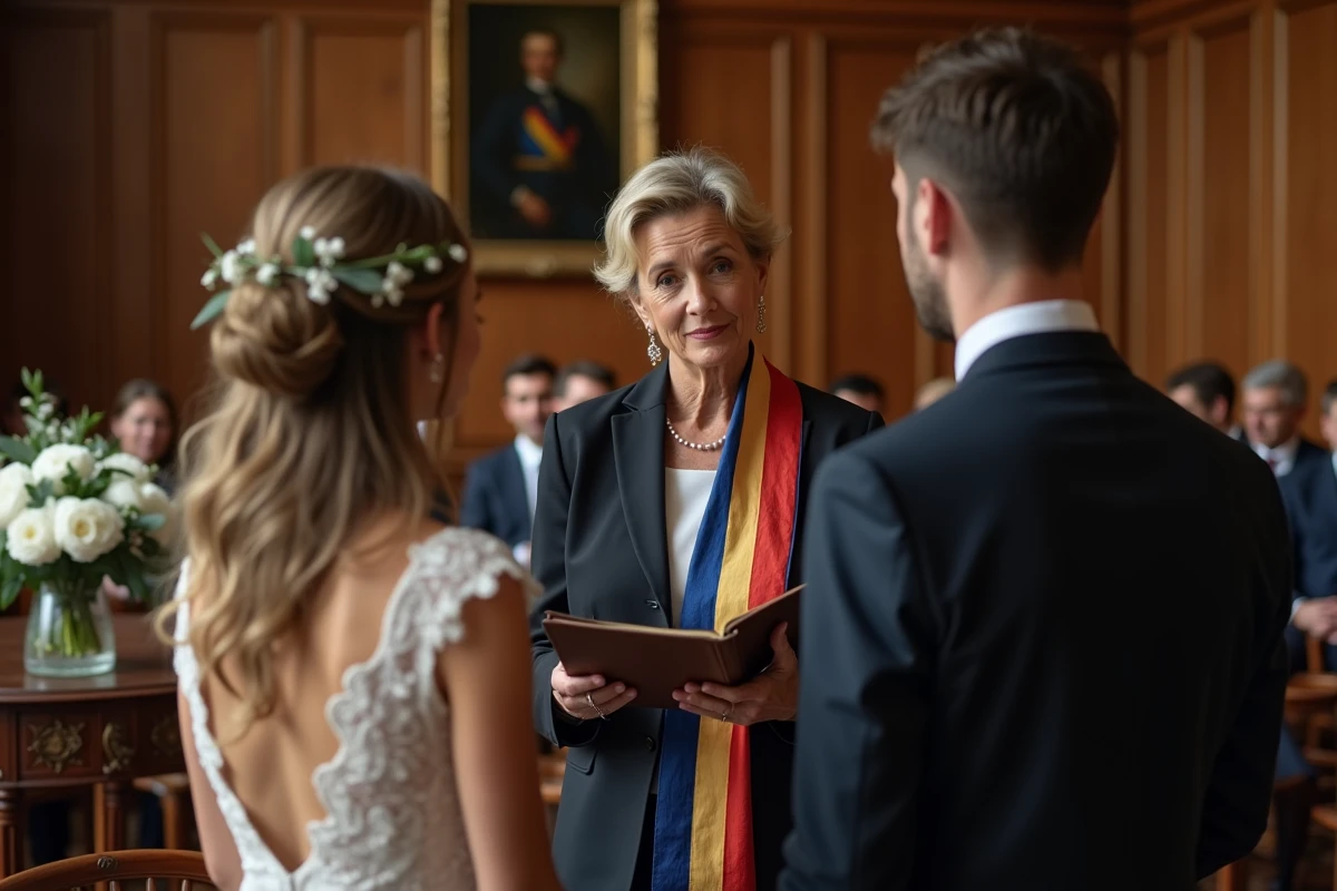 Officier d'état civil lisant les vœux lors d'un mariage à la mairie avec un couple attentif