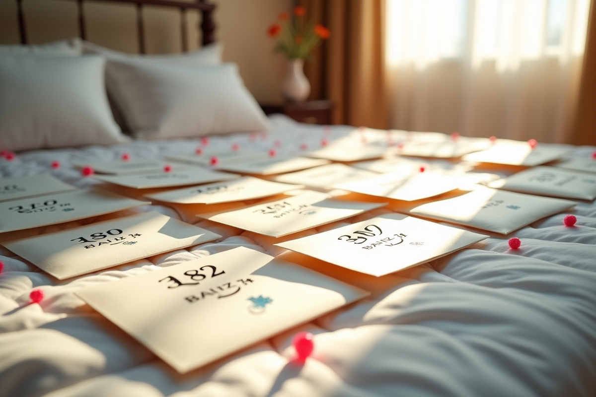 Chambre organisée avec enveloppes et décoration pour mariage