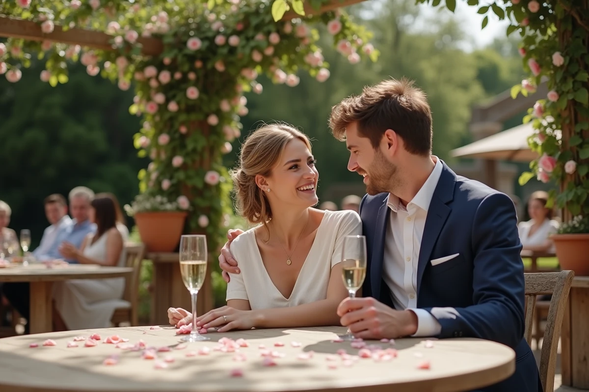 Couple souriant en tenue de mariage élégante assis à une table en bois dans un jardin fleuri lors d'une réception intime