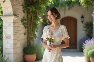 Femme élégante en robe ivoire tenant un bouquet de roses dans une cour en pierre lors d'une cérémonie de mariage intime