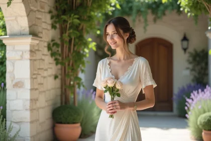 Femme élégante en robe ivoire tenant un bouquet de roses dans une cour en pierre lors d'une cérémonie de mariage intime