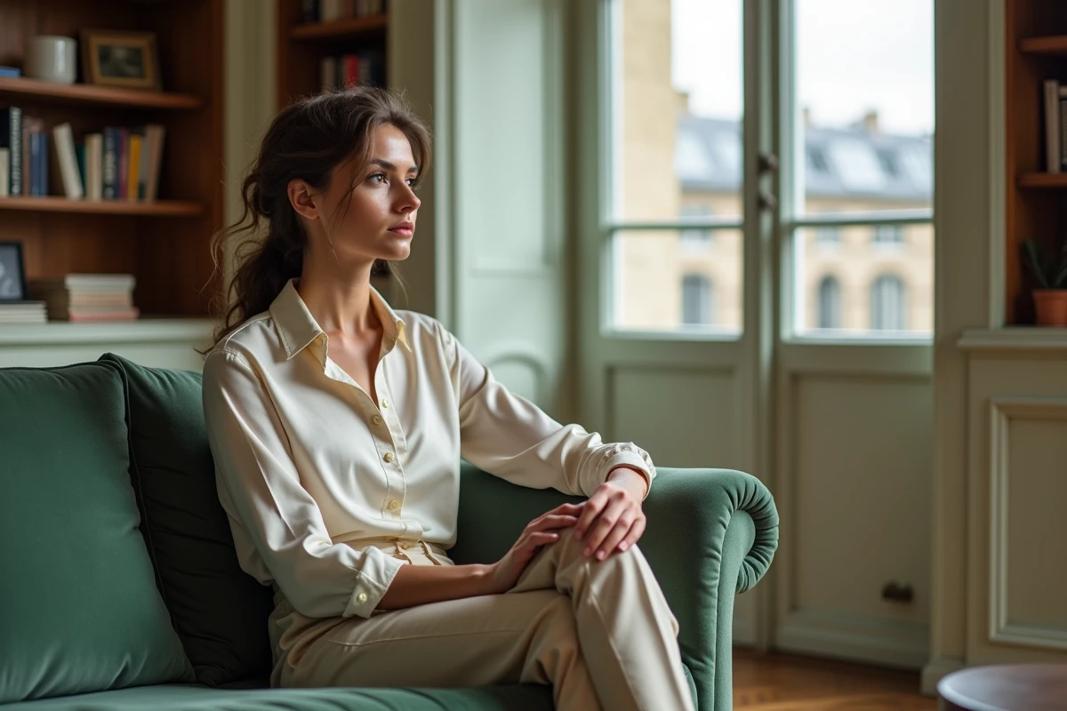 Femme posant avec assurance dans un appartement parisien élégant avec parquet en chevrons et bibliothèque, évoquant une vie privée épanouie