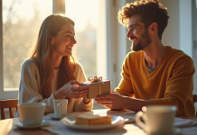 Jeune couple souriant lors d'un petit déjeuner ensoleille