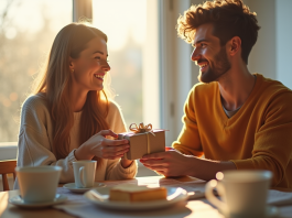 Jeune couple souriant lors d'un petit déjeuner ensoleille