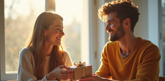 Jeune couple souriant lors d'un petit déjeuner ensoleille