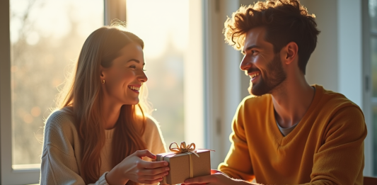 Idées de cadeaux originales pour célébrer votre première année de mariage Jeune couple souriant lors d'un petit déjeuner ensoleille