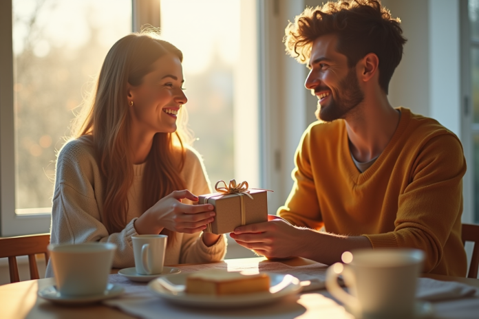 Jeune couple souriant lors d'un petit déjeuner ensoleille