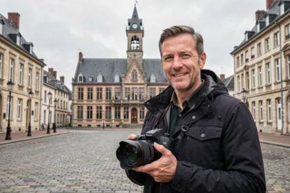 Photographe professionnel à Béthune devant le beffroi historique de la Grand-Place