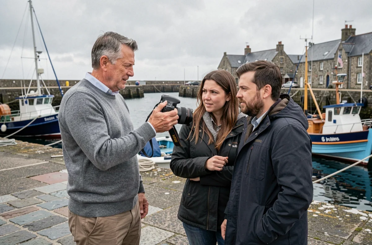 Photographe breton présentant son travail à des clients potentiels au bord du port de Lanester