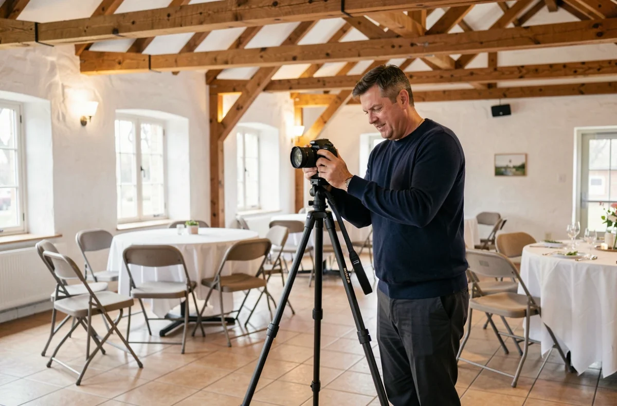 Photographe installant son trépied dans une salle communale pour un reportage événementiel à Denain