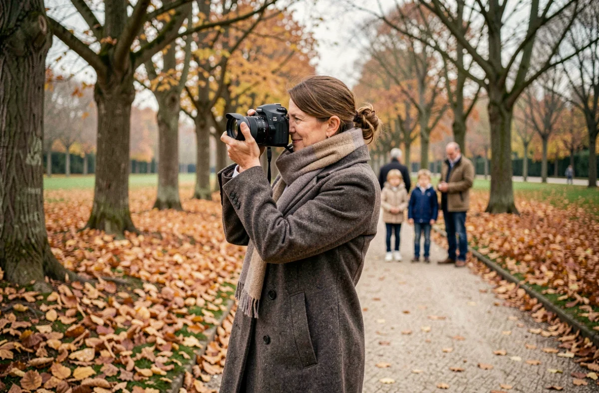 Photographe réalisant des portraits de famille en plein air dans un parc de Béthune en automne