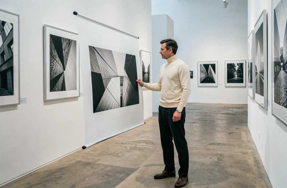 Homme étudiant un grand tirage photographique en noir et blanc dans une galerie d'art contemporaine aux murs blancs et au sol en béton ciré