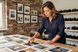 Photographe professionnelle à Lanester comparant des portfolios sur une table en bois dans son studio