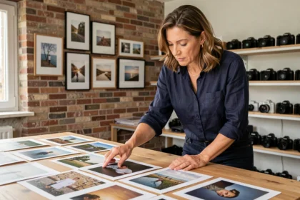 Photographe professionnelle à Lanester comparant des portfolios sur une table en bois dans son studio