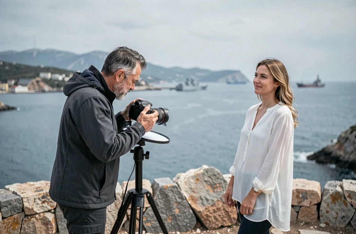 Photographe professionnel installant son matériel sur un site côtier de Toulon avec vue sur la rade pour une séance en extérieur