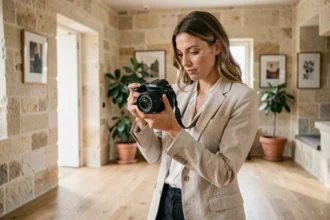 Photographe professionnelle à Angers consultant ses clichés dans un studio aux murs en tuffeau