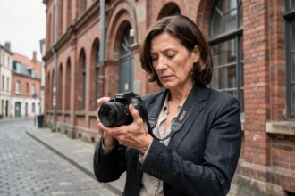 Photographe professionnelle tenant un appareil photo devant un bâtiment en briques rouges à Denain, dans le Nord de la France