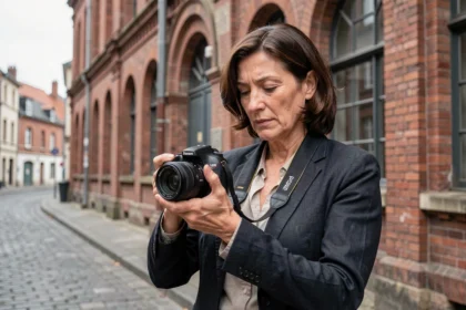 Photographe professionnelle tenant un appareil photo devant un bâtiment en briques rouges à Denain, dans le Nord de la France