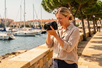 Photographe professionnelle ajustant son appareil photo sur la promenade du port de Toulon avec les bateaux en arrière-plan