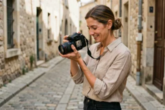 Photographe professionnelle consultant ses photos sur un appareil photo DSLR dans une ruelle en pierre d'une ville française comme Saint-Chamond
